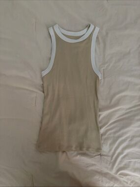 a new day Beige Tank Top with White Trim